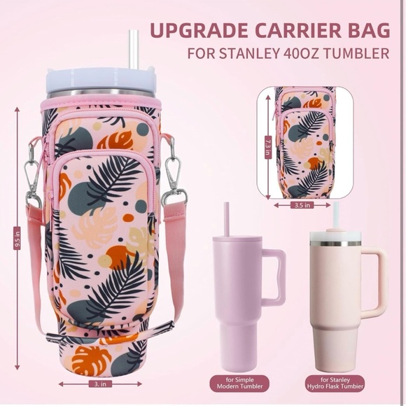 Bag for Stanley 40 Oz Tumbler Neoprene Pouch with Adjustable Strap Carabiner - Picture 2 of 5